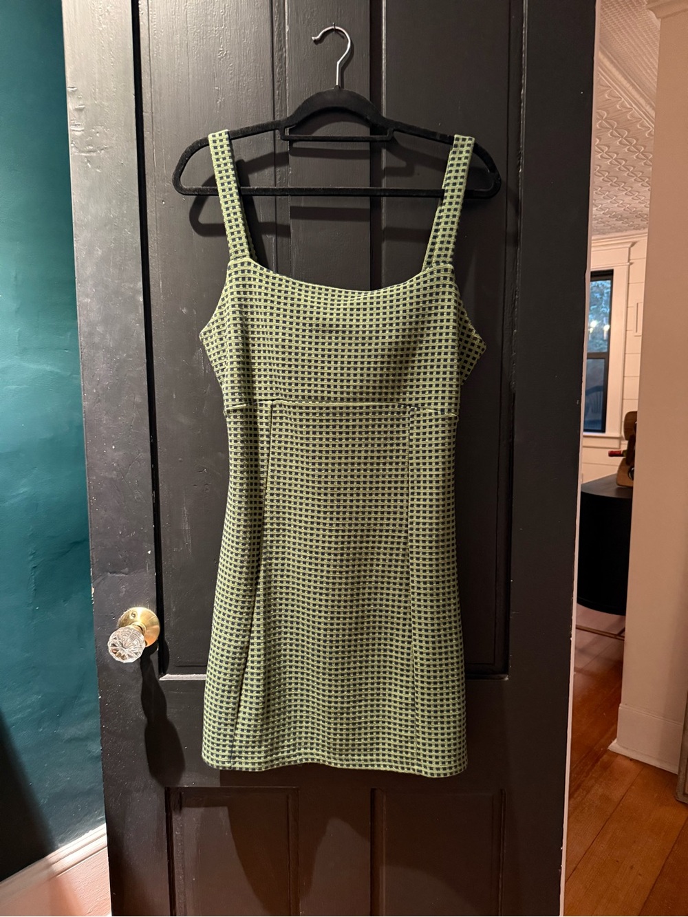 Free People Bardot Bow Back Mini Dress Green Gingham NWOT
